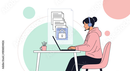 Woman working remotely securing digital document encryption on laptop with headset