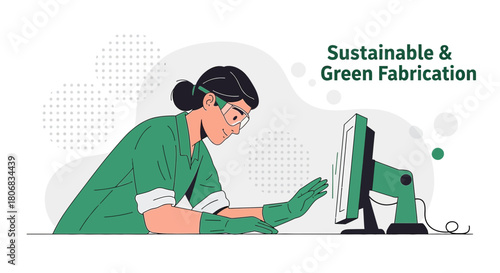 Woman in lab coat using computer for sustainable green product development process