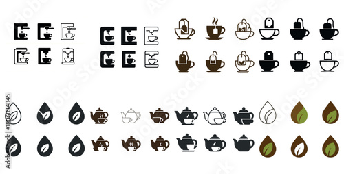Diverse coffee and tea icons set in black brown white color schemes