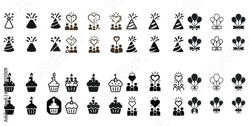 Black and brown celebratory icons for birthdays and parties