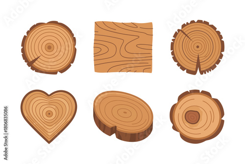 Wood slice illustration set, round log cross sections, wooden plank block, heart slice, oval cut, lumber texture vector