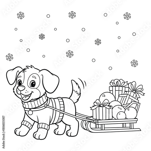 Cute cartoon puppy pulling a sleigh full of Christmas gifts and baubles