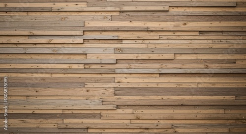 Architectural design of a feature wall constructed from staggered reclaimed timber planks, creating a rustic structural panel