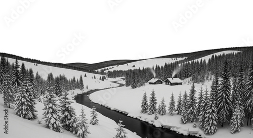 Remote Winter Cabin Landscape Serene Snowy Valley River for Holiday Travel Brochures and Real Estate Listings