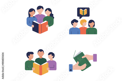 Group reading icons, students with books, open pages in hand, collaborative study concept, education learning vector set