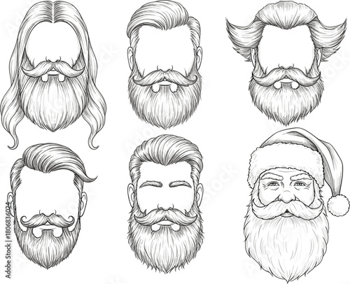 Hand drawn vintage beard and hairstyle set, hipster mustache collection, barbershop engraving, and Christmas Santa Claus head illustration.