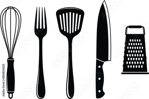 Kitchen utensil silhouette set, cooking tool vector collection, whisk fork spatula knife grater icons, and chef culinary equipment illustration.