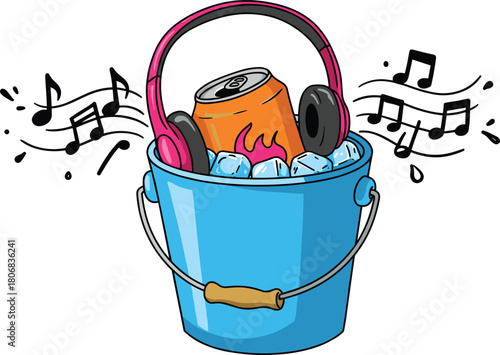Orange soda can, ice bucket, music vibe, flame design, headphones, chilled drink, summer refreshment, fun concept, whimsical illustration, beverage branding
