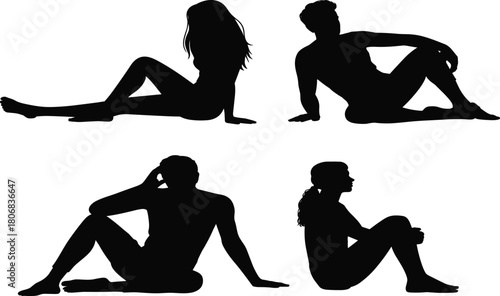 Set of black silhouettes of people sitting and reclining, relaxing poses, isolated on white, cad drawing flat vector illustration.