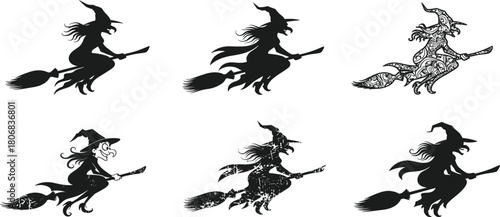Set of flying witch silhouettes on broomstick, Halloween icons with grunge and floral styles, cad drawing flat vector illustration.