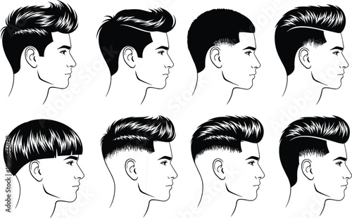 Set of modern men hairstyle silhouettes featuring side profiles with different haircuts isolated on white background vector illustration.