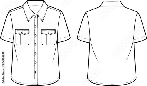 Short sleeve shirt sketch, front back view, button-up design, fashion flat, technical drawing, collar detail, garment template, apparel illustration