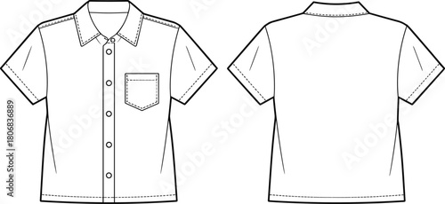 Short sleeve shirt technical sketch, front and back view, fashion flat drawing, garment design, vector illustration, apparel template, CAD style