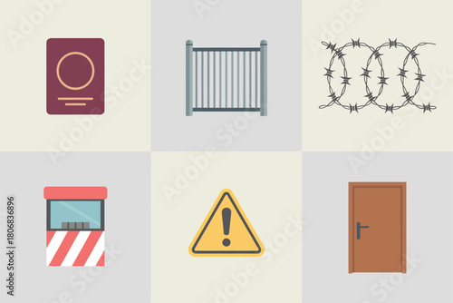 Security perimeter icons, metal fence gate, barbed wire coil, barrier striped block, warning triangle, entry door symbol