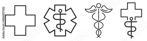 Medical cross and emergency support symbols with shield, phone and family protection on transparent background