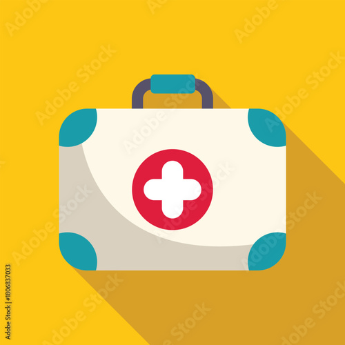 Closed white first aid kit with red cross symbol on yellow background representing medical assistance, healthcare, and emergency preparedness