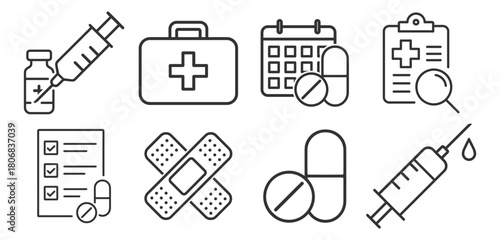 Medical treatment symbols including syringe, pills, first aid kit and checklist on transparent background