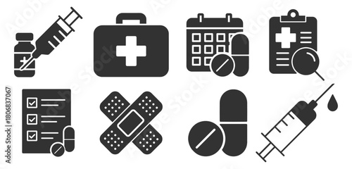 Medical treatment symbols including syringe, pills, first aid kit and checklist on transparent background