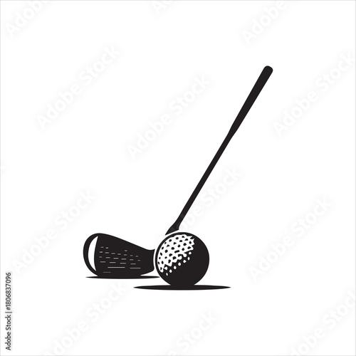 A golf club poised to strike a golf ball, rendered in a minimalist black and white illustration.