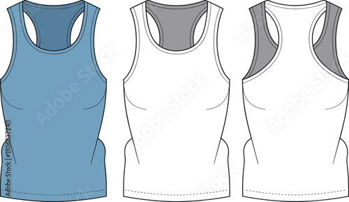 Sleeveless tank top, technical drawing, fashion sketch, vector apparel, blue and white, racerback style, garment design, stitching detail, front view