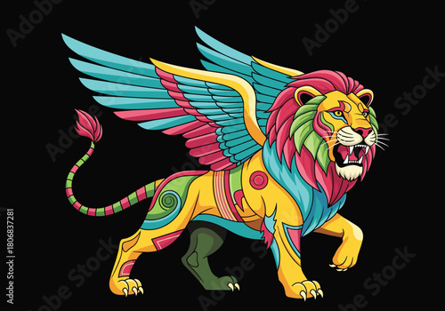 Stylized vector illustration of a colorful winged lion mythological creature with open mouth, isolated on black background for design.