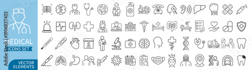 Medical and health care icon set, including doctor, hospital, treatment, pharmacy, nurse, pills, organs and research symbols on transparent background