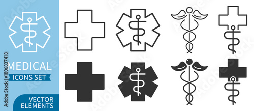 Medical emblem set with caduceus variations, cross symbols and star of life elements on transparent background