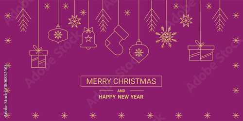 Merry Christmas and  Happy New Year. Christmas linear elements in  geometric style hang down. Vector.