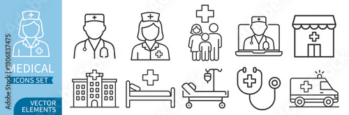 Medical staff and hospital icon set with doctors, nurses, clinic building, bed, drip and ambulance on transparent background