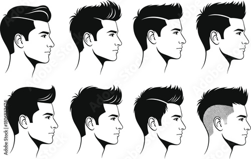 Vector set of eight men side profiles featuring various modern hairstyles, haircuts for barbershop, male grooming, and fashion design.