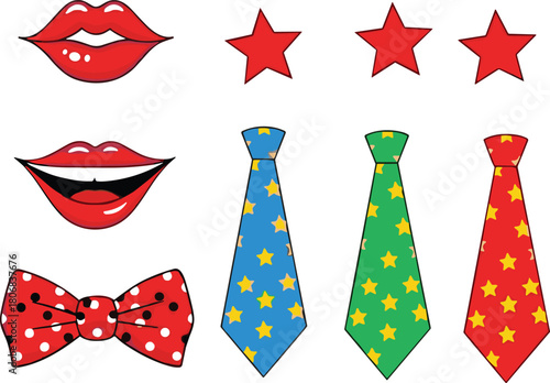 Vector collection of party props including red lips, stars, polka dot bow tie, and colorful neckties with star pattern.