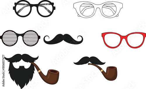 Vector collection of party props featuring various glasses, black mustaches, beard, and smoking wooden pipes isolated on white background.