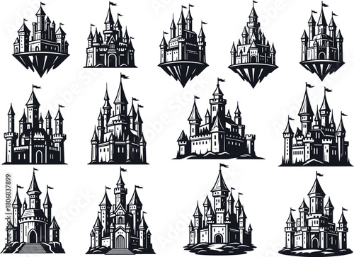 Vector set of medieval castle silhouettes, fantasy fortress icons, black and white palace illustrations, magic kingdom logo design, fairytale tower collection.