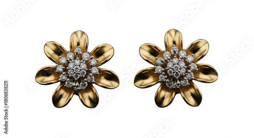 Elegant Gold Diamond Flower Stud Earrings for Luxury Jewelry Advertising and Romantic Gift Promotion