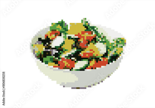 Vibrant Pixel Art Salad Bowl. 8 bit. Game development, mobile app. Isolated vector illustration.