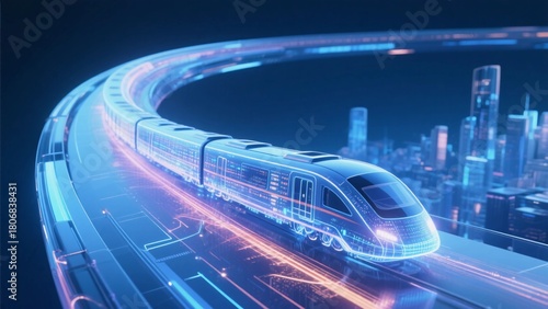 Blue light effect abstract main visual, a high-speed train from the curve from the top left corner to the bottom right corner