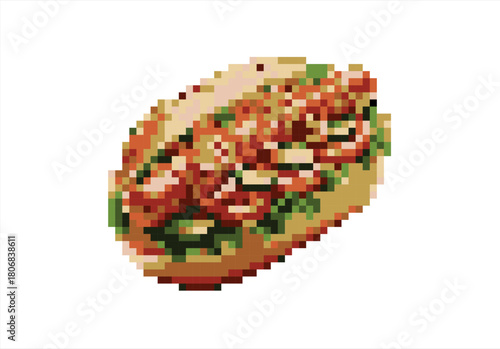 Delicious Pixel Art Hot Dog with Toppings. 8 bit. Game development, mobile app. Isolated vector illustration.