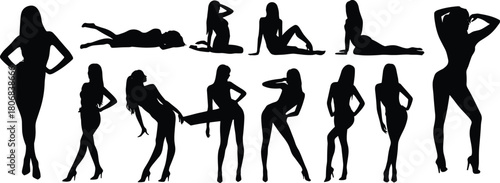 Sexy woman silhouette vector set, fashion model ladies posing standing and lying down, elegant black female figures collection isolated