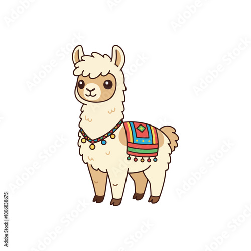 A charming cartoon illustration of a friendly llama, adorned with colorful textiles, standing upright.