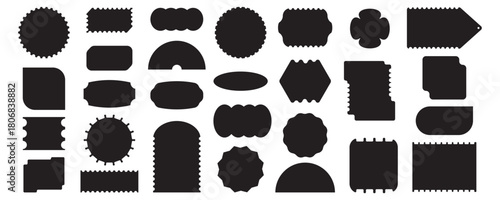 Empty geometric frame silhouettes with wavy edges. Set of black postage stamps or text boxes. Vector.	