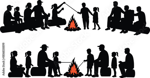 Family camping by campfire silhouettes, roasting marshmallows, outdoor evening together, kids and parents bonding, warm firelight, nature adventure relaxation