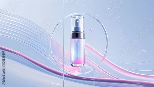 A skincare essence floats in the air, surrounded by streamlined liquid glass, pink and white gradient glass, with a slight shimmer on the glass.