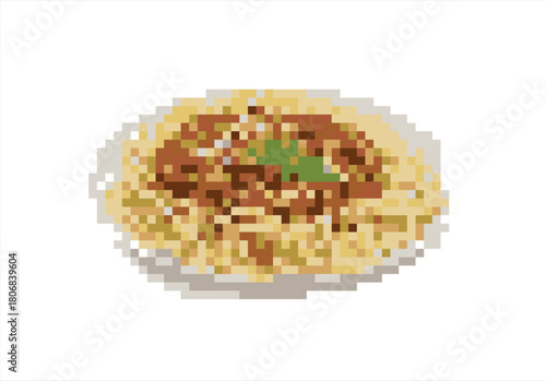 Pixel Art Spaghetti Bolognese Plate. 8 bit. Game development, mobile app. Isolated vector illustration.