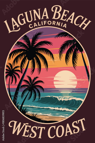 laguna  beach california retro travel poster with palm trees and ocean horizon, vintage coastal vector design ideal for wall art, home decor, and west coast themes.