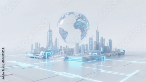 Future smart city of energy technology with a light blue and white gradient transparent mechanical structure