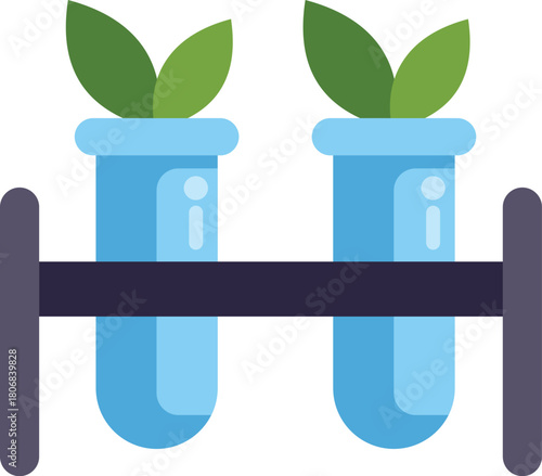 This vector icon illustration features a laboratory experiment with plants growing inside glass tubes