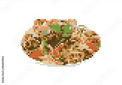 Pixel Art Pasta Bowl and Basil. 8 bit. Game development, mobile app. Isolated vector illustration.