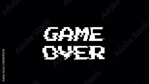 Game Over Pixel Text Animation Loop, Retro Arcade Screen Glitch Noise Effect, Vintage 8-bit Video Game Title