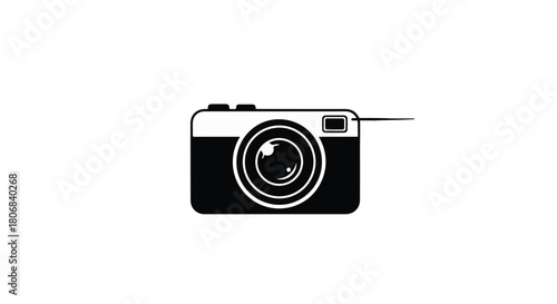 Simple graphic illustration of a retro style camera on a white background