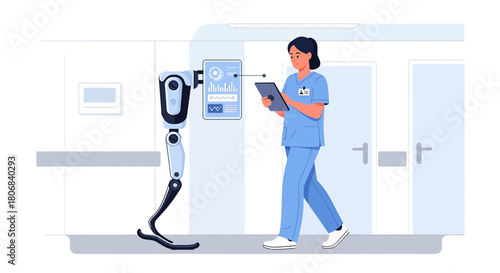 Healthcare professional using digital tablet examining futuristic robotic prosthetic leg in